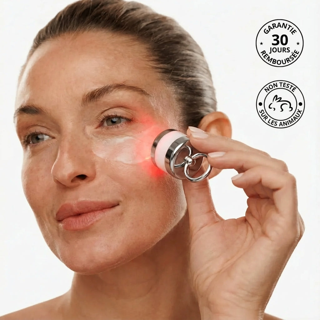 Crème à la lumière rouge Kelya® pour le contour des yeux, en pot blanc avec étiquette, appliquée autour des yeux.