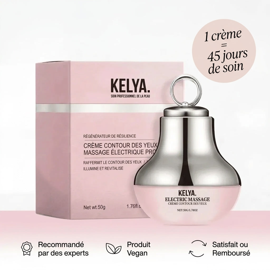 Crème à la lumière rouge Kelya® pour le contour des yeux, application visible avec texture douce et hydratante.