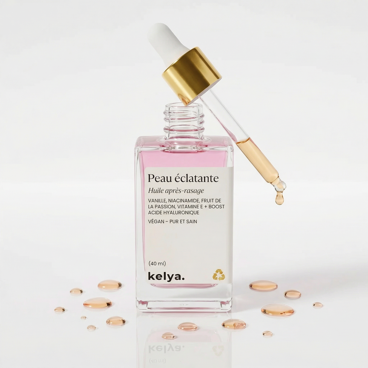 Huile apaisante après-rasage naturelle Kelya® dans un flacon de 90ml, visible avec une texture huileuse claire.