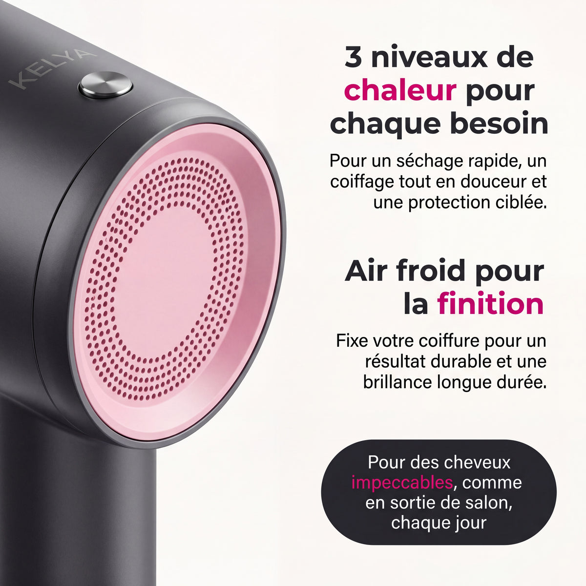 KELYA AirPro™ en utilisation — brushing professionnel à la maison