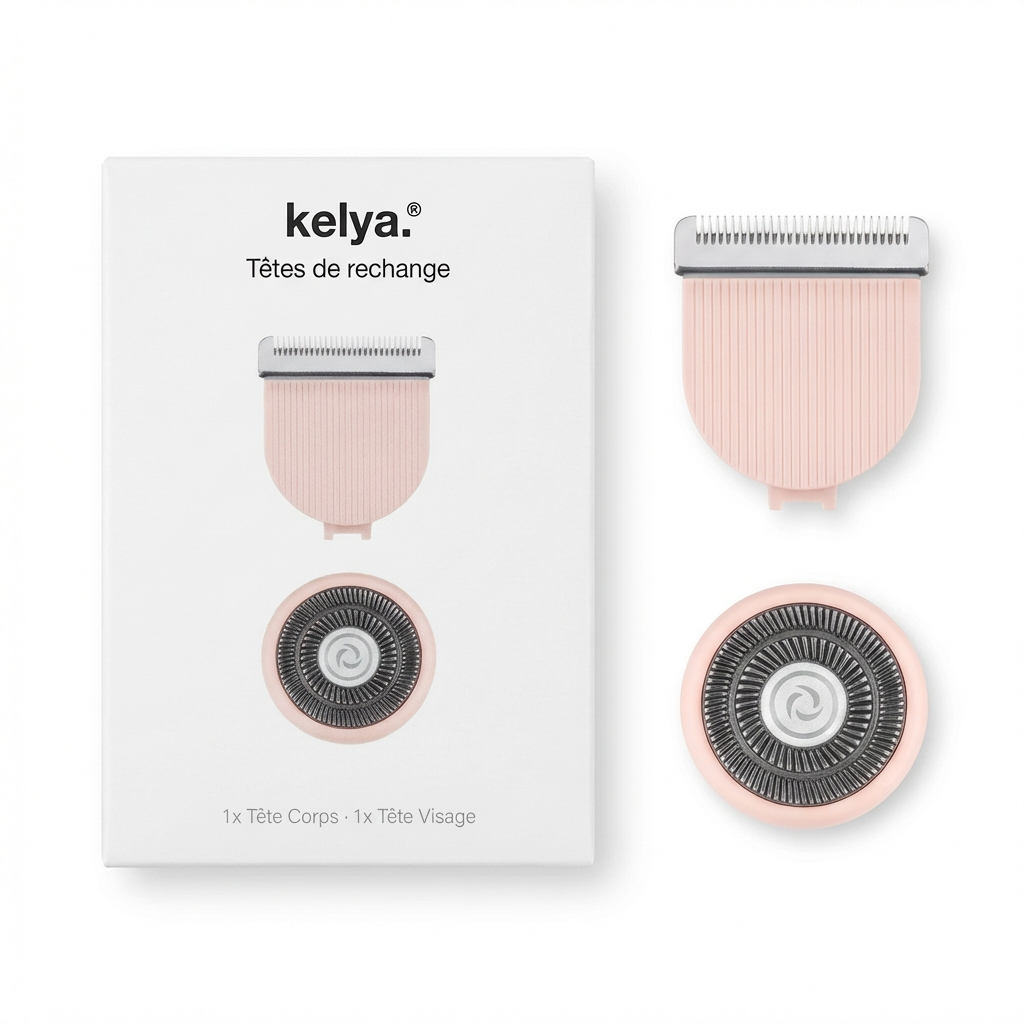 Tête de rechange officielle Kelya® pour appareil, en plastique blanc avec détails techniques visibles.